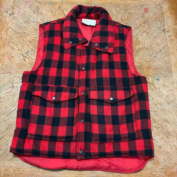 Vintage Sportsman’s Choice Vest Men's Red Buffalo Plaid Zip Flannel Hunting Sz L - Picture 1 of 5